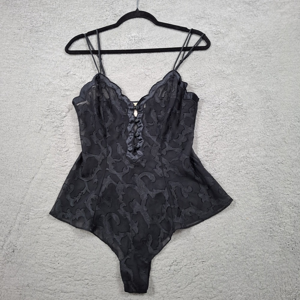 Victoria's Secret Vintage Gold Label Black Floral Burnout Bodysuit Ruffle Size L